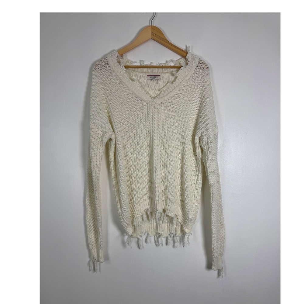 Grunge Boho Andree by Unit Womens Medium Sweater Cream Distressed Knit 15649